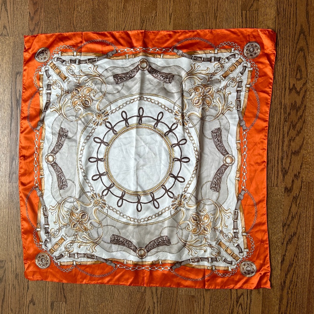 Orange Ivory Silky Square Scarf Chainlink Pattern